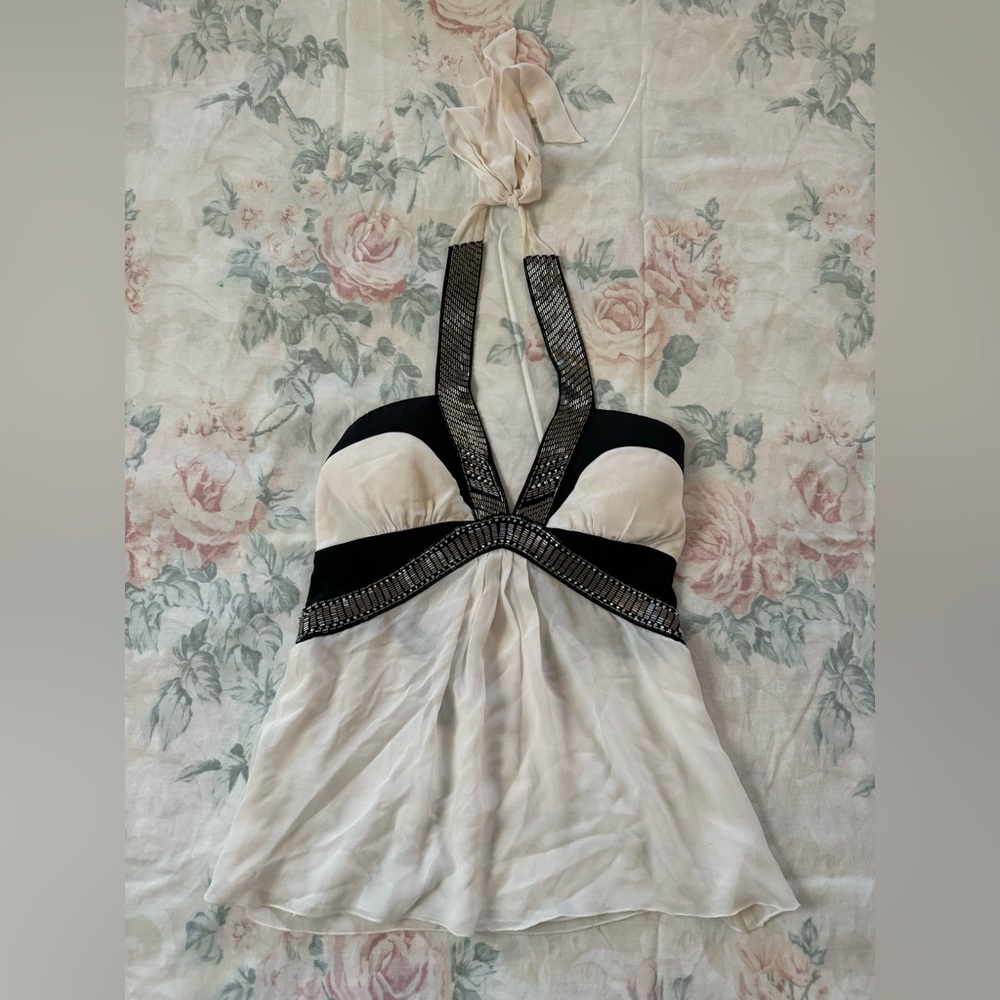 BEBE XXS white halter top with beaded detail